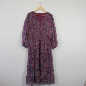 Talbots Paisley Midi Dress 14 Purple Long Puff Sleeve Casual Boho Floral 310